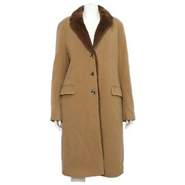 Etro Beige Wool Blend Brown Shearling Fur Women's Long Coat Jacket Brown
