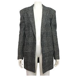 Saint Laurent Houndstooth Check Wool Blend Women's Coat Jacket Black