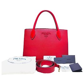 Prada Red Saffiano Monochrome Tote Bag Shoulder Strap Red