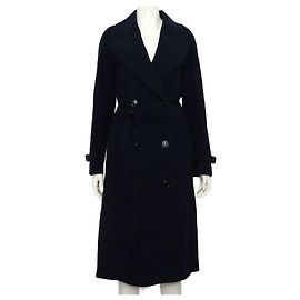Burberry Women's Coat with Belt in Navy Wool Blend Blue