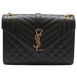 Saint Laurent Bolsa de ombro lateral envelope em couro acolchoado preto com corrente dourada, tamanho Medium Preto