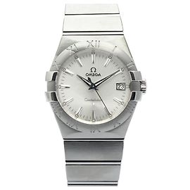 Omega Constellation Men's Steel Watch Silver Engraved Quartz Warranty Box Silvery