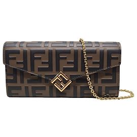 Fendi Brown Black Leather FF Diamond Chain Long Wallet Brown