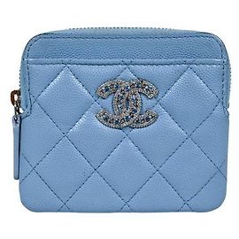 Chanel Caviar Crystal CC Logo Zipper Coin Card Wallet Blue Blue