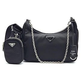 Prada Re-edition Nylon Chain Strap Hobo Bag Black