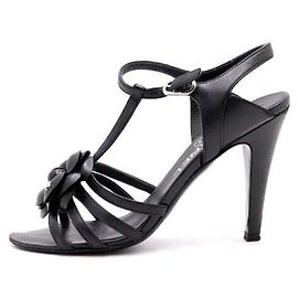 Chanel Black Leather Camellia CC Women's Strap Shoes Black
