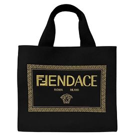 Fendi Borsa tote in cotone, borsa a tracolla, Black, Large Nero