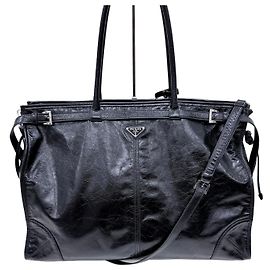 Prada Leather Tote Bag with Triangle Logo Black Black