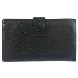 Chanel Coco Mark Black Leather Long Wallet Black