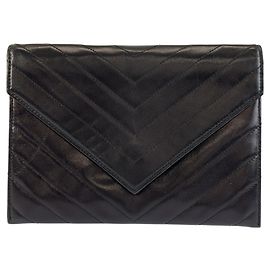 Yves Saint Laurent Vintage V-Stitch Black Leather Clutch Bag Black