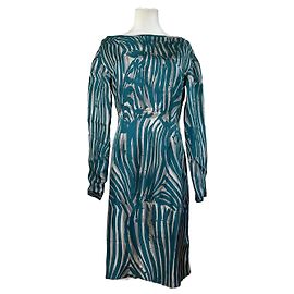 Abito a righe in seta vintage Loewe verde ottanio e argento M Blu