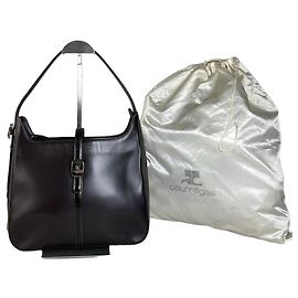Bolsa de ombro vintage Courreges em couro marrom escuro com fivela prateada Marrom