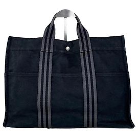 Hermès Sac Tote Vintage Hermes em Lona Preto e Cinza com Listras Preto