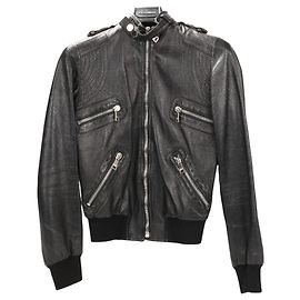 Dolce & Gabbana Black Leather and Leopard Biker Jacket, Size 38 Black