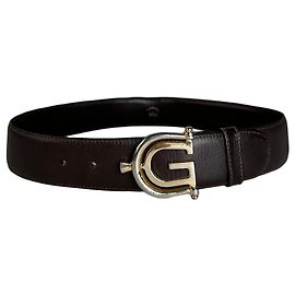 Cinto de couro vintage Gucci Double G Logo Marrom Escuro Dourado Marrom