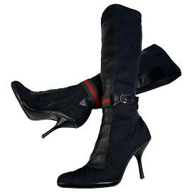 Vintage Gucci Suede Leather Knee-High Boots Black Green EU36 Black
