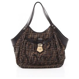 Fendi Zucca Handbag Leather and Canvas Beige Black Brown Brown Black Beige