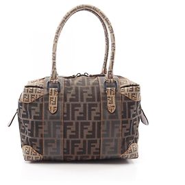 Fendi Zucca Handbag Beige Black Brown Canvas Brown Black Beige