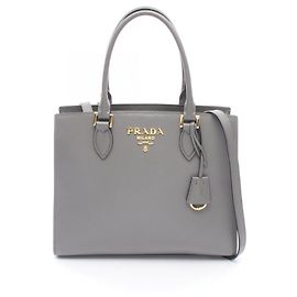 Prada Gray Leather 2-Way Tote Bag Brown
