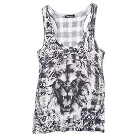 Top sin mangas Balmain by Olivier Rousteing SS13 Checkered Lion Print Blanco