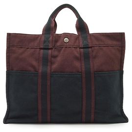Hermès Borsa Fourre Tout MM in tela di cotone bordeaux e nero Hermes Bordò