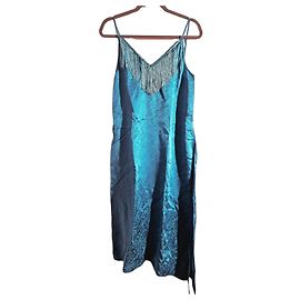 Abito Lungo in Raso Pinko Verde Ottanio con Logo e Frange Blu