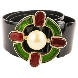 Cinto de couro envernizado com fivela Gris Poix Chanel Preto Vermelho Verde