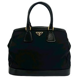 Prada Black Triangle Logo Plate Hardware Nylon Leather Mini Tote Handbag Black