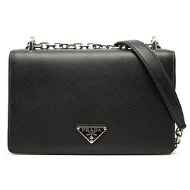 Borsa a tracolla con catena in Saffiano nero e Tessuto Prada Nero