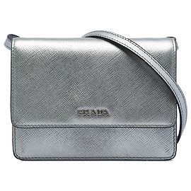 Prada Silver Saffiano Wallet on Strap Silvery