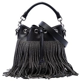 Borsa a secchiello Emmanuelle con borchie in pelle di vitello nera Small di Saint Laurent Nero