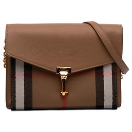 Bolsa transversal Burberry Derby Macken em couro marrom e lona House Check Small Marrom Castanho claro