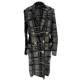 Balmain Plaid Double-Breasted Tweed Coat in Grey Viscose Grey