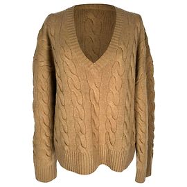 Polo Ralph Lauren V-Ausschnitt Strickpullover aus Camel-Wolle mit Zopfmuster Gelb Kamel