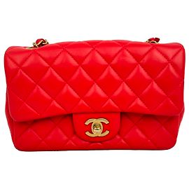 Chanel Mini Classic Single Flap Crossbody Bag in Red Lambskin Leather Red Dark red