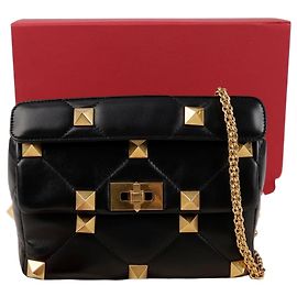 Valentino Bolsa Tote e de Ombro em Couro de Grão Roman Stud Preta Preto