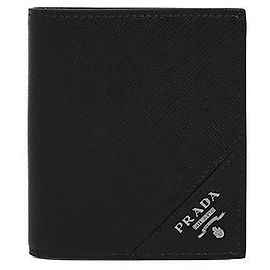 Prada Wallet Saffiano Silver Logo Compact Wallet Black Black