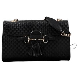 Gucci Bolsa de ombro Emily em couro Microshima Preto Preto
