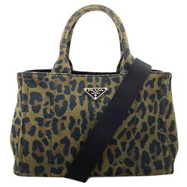 Prada Canapa Mini Leopard Print 2-Way Handbag Khaki