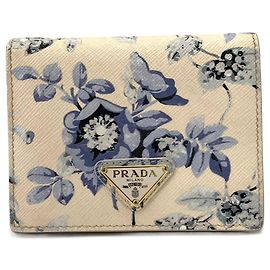 Prada Saffiano Leather Flower Print Triangle Bi-fold Wallet Beige Purple