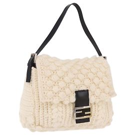 FENDI Mamma Baguette Shoulder Bag Wool White Black Auth am12117SAV Black White