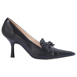 Chanel Black Leather & Canvas Bow Pointed-Toe Pumps Black Other