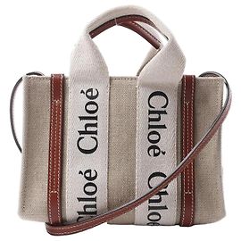 Bolsa 2Way de lona e couro Chloé Woody Mini Bege x Marrom Bege
