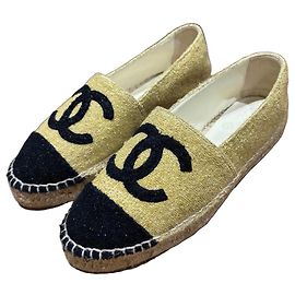 Chanel Metallic Fabric Espadrilles Gold Beige Black Beige