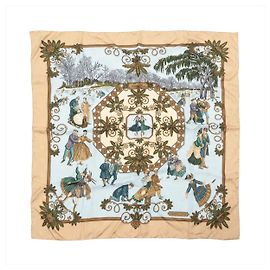 Lenço de seda Hermès Carré 90 "Joies d’Hiver" em Bege Bege