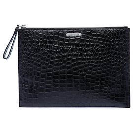 Saint Laurent Black Croc Embossed Leather Clutch Black