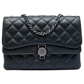 Chanel Black Quilted Lambskin CC Round Clasp Accordion Flap Noir