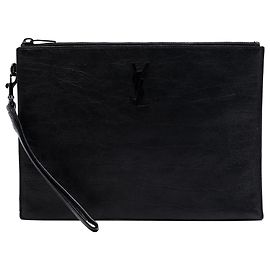 Pochette con zip Saint Laurent in pelle nera con stampa coccodrillo e monogramma Nero