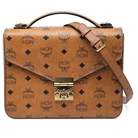 MCM Brown Medium Visetos Coated Canvas Patricia Top Handle Bag Brown