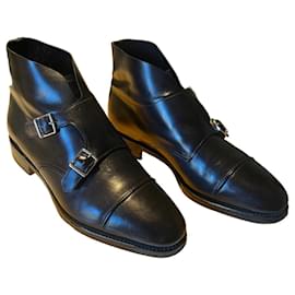 John Lobb William II Black Leather Double Monk Strap Ankle Boots Black